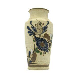 Vintage Tonalá Vase Cobalt Blue Bird Sandstone Pottery Z Mexico Hand Painted Fol
